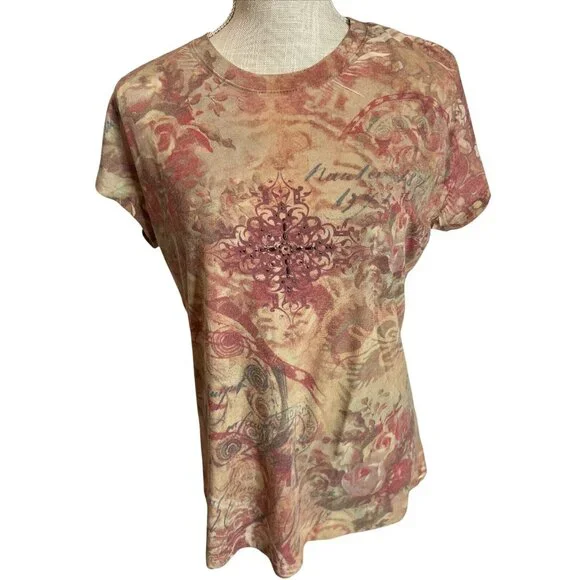 Yukiko Vintage Style Boho T-Shirt Rhinestone Embellishment & Floral Design XL - Picture 1 of 8
